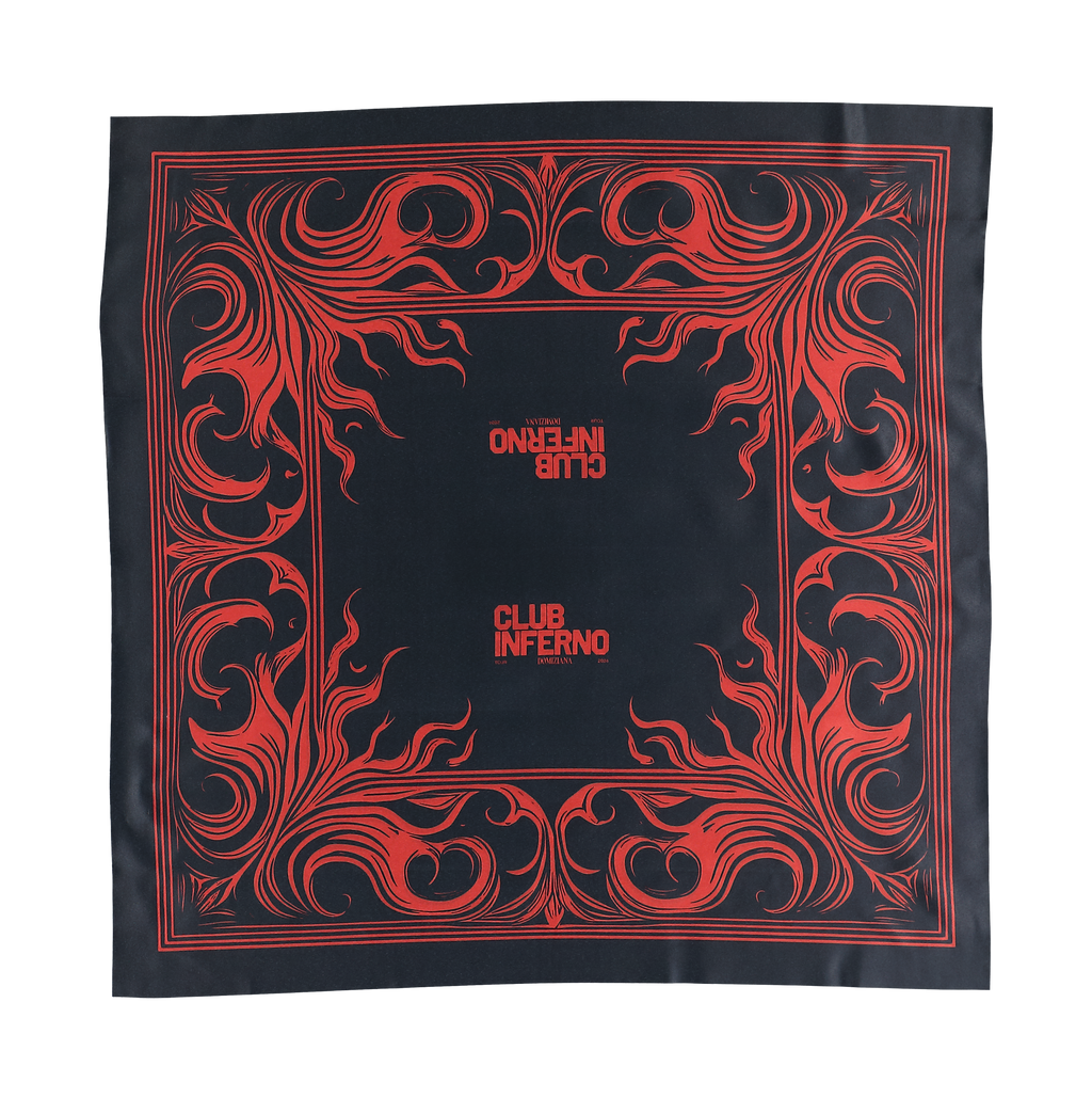 Schwarzes Club Inferno Bandana von Domiziana mit rotem Flammen-Print und Schriftzug
