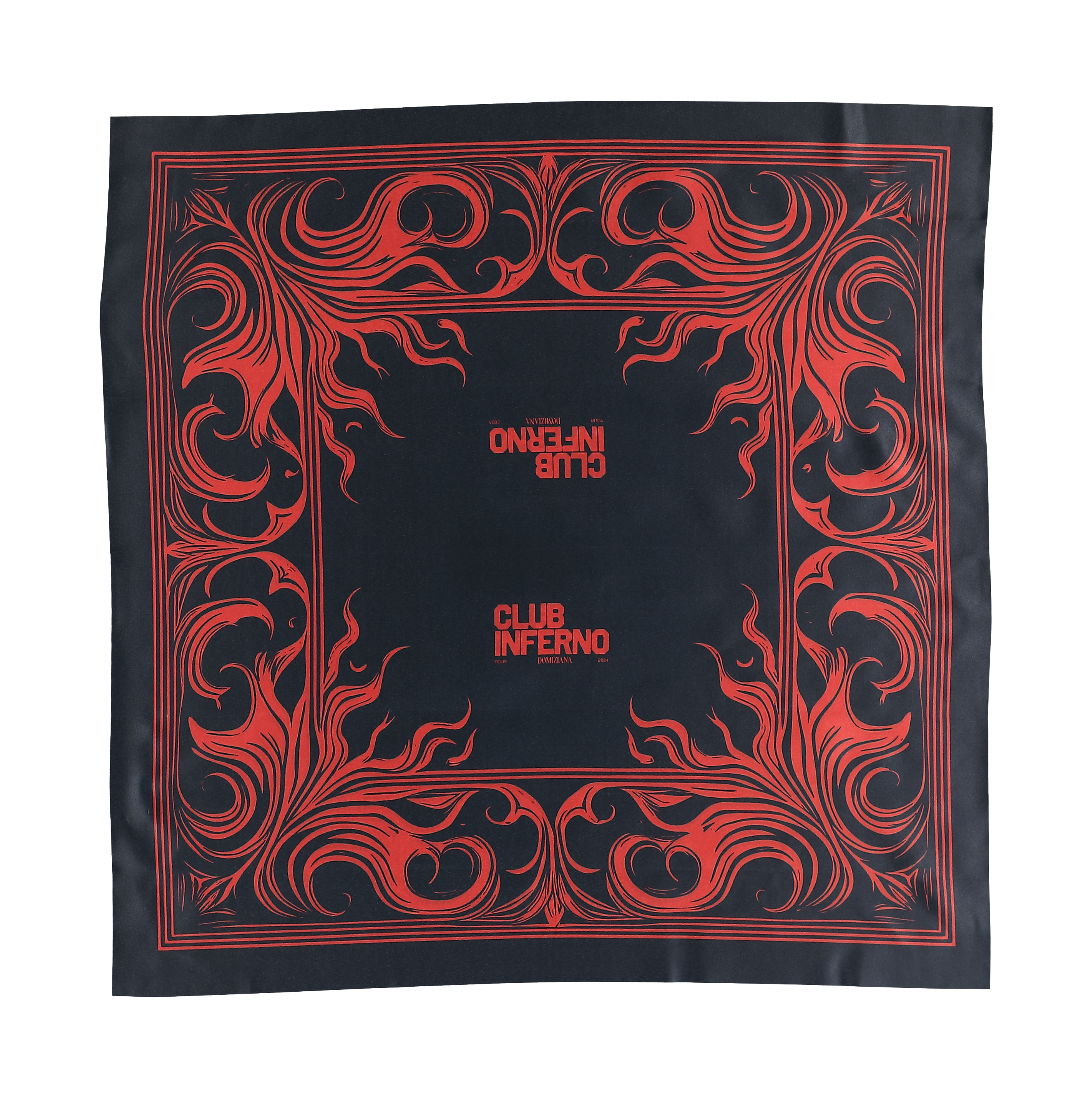 Schwarzes Club Inferno Bandana von Domiziana mit rotem Flammen-Print und Schriftzug