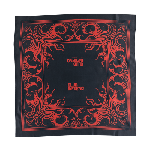 Schwarzes Club Inferno Bandana von Domiziana mit rotem Flammen-Print und Schriftzug