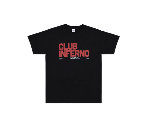 Schwarzes Club Inferno T-Shirt von Domiziana mit rotem Frontprint und Tour-Schriftzug 2024
