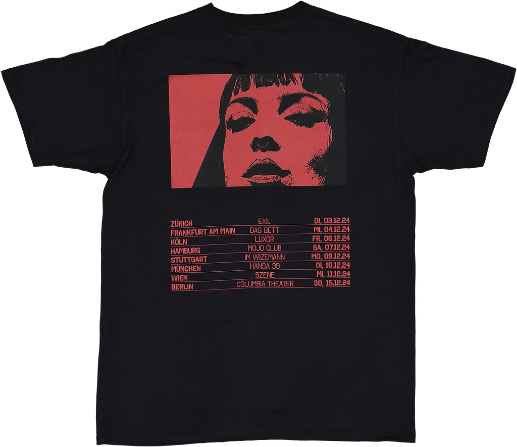 Rückseite Club Inferno T-Shirt von Domiziana mit Portrait und Tour-Daten 2024 (Zürich, Frankfurt, Köln, Hamburg, Stuttgart, München, Wien, Berlin)