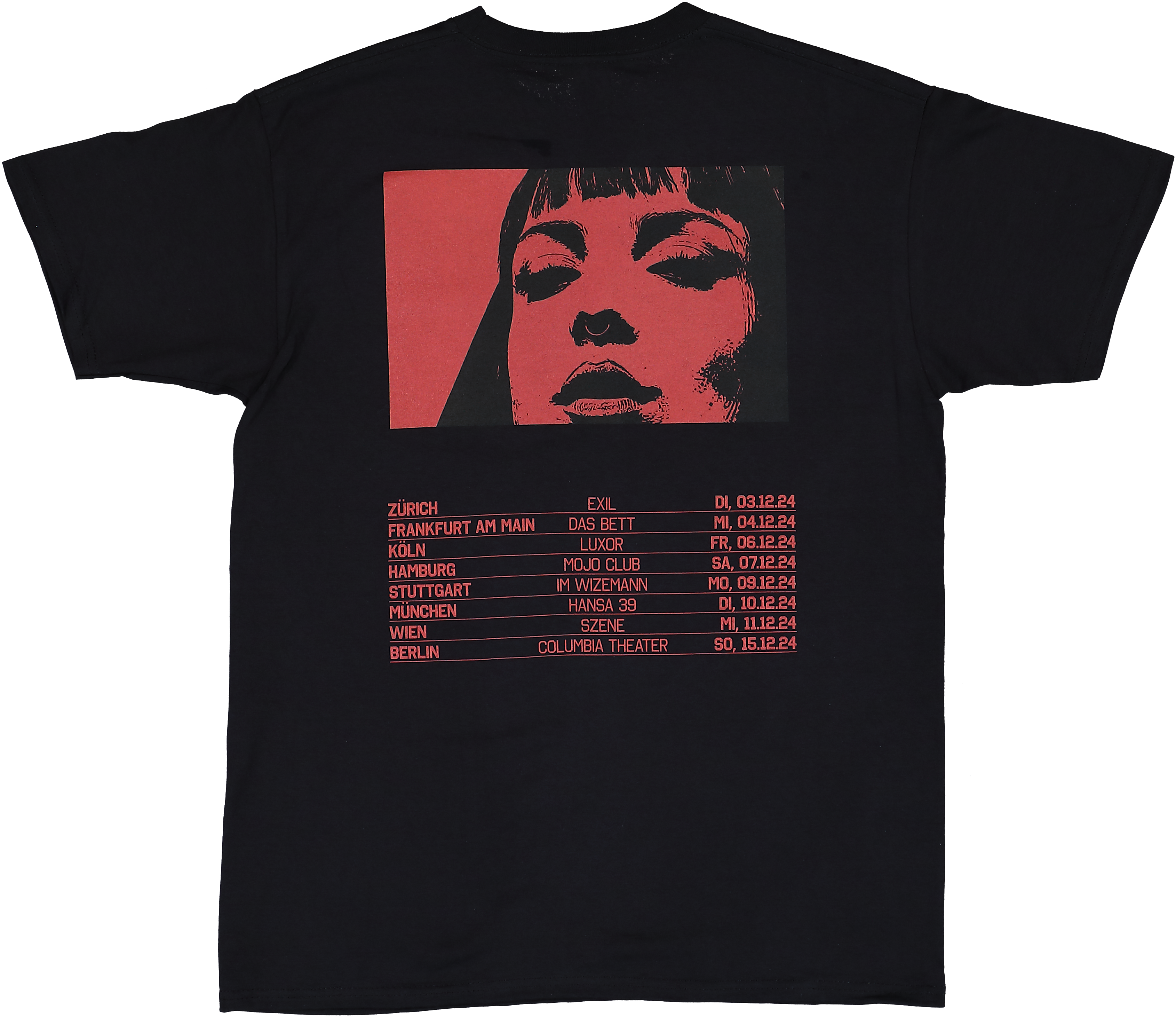 Rückseite Club Inferno T-Shirt von Domiziana mit Portrait und Tour-Daten 2024 (Zürich, Frankfurt, Köln, Hamburg, Stuttgart, München, Wien, Berlin)