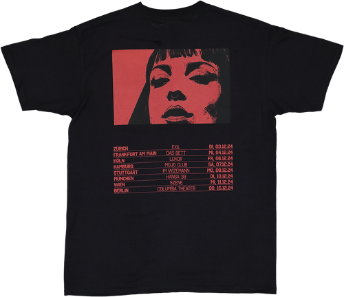 Rückseite Club Inferno T-Shirt von Domiziana mit Portrait und Tour-Daten 2024 (Zürich, Frankfurt, Köln, Hamburg, Stuttgart, München, Wien, Berlin)