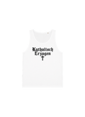 Weißes Katholisch Erzogen Tanktop von Domiziana mit gotischem Schriftzug und Kreuz-Symbol – offizielles Hyperpop-Merch