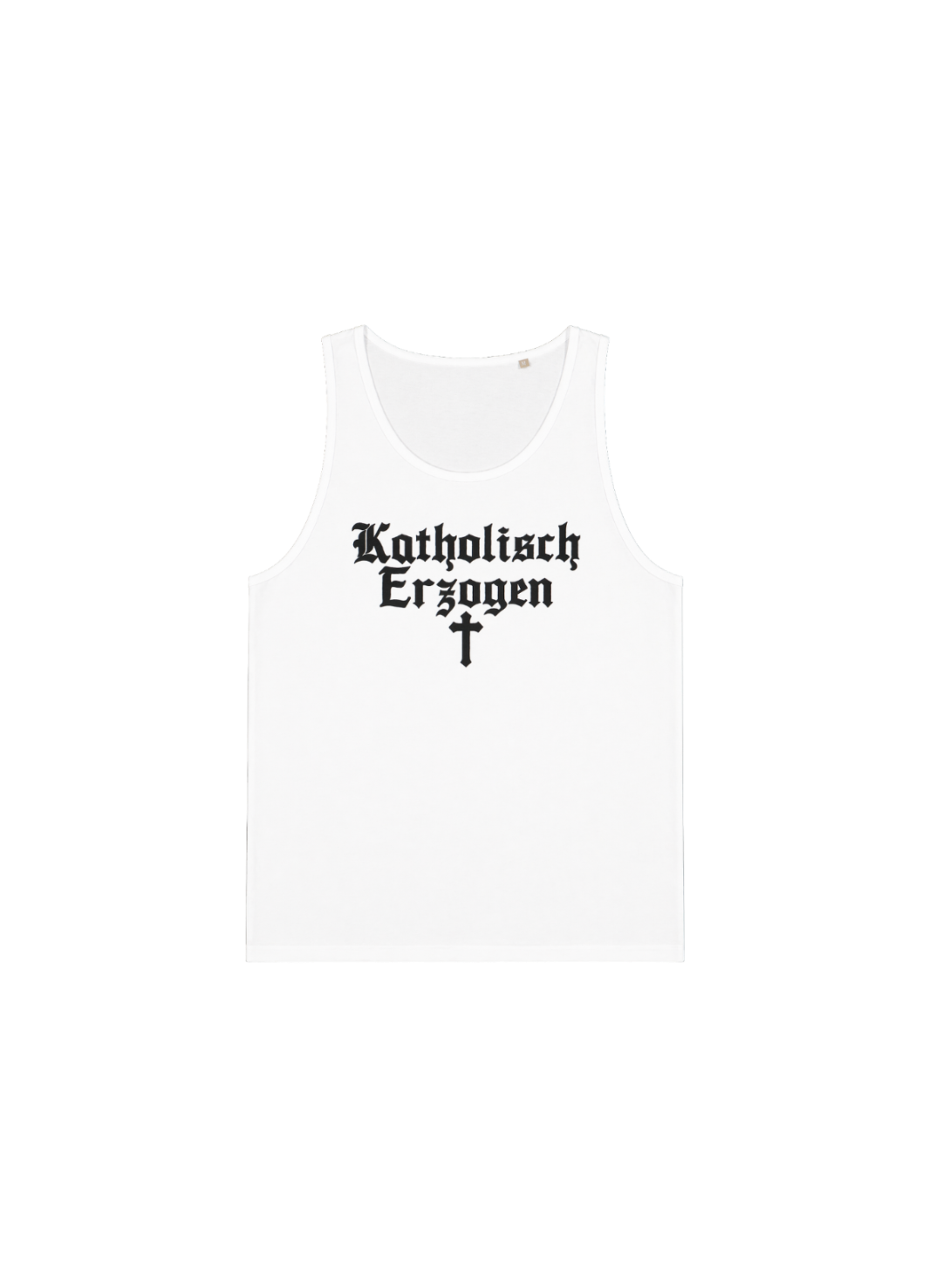 Weißes Katholisch Erzogen Tanktop von Domiziana mit gotischem Schriftzug und Kreuz-Symbol – offizielles Hyperpop-Merch