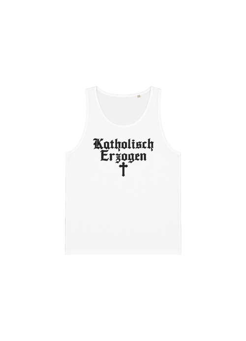Weißes Katholisch Erzogen Tanktop von Domiziana mit gotischem Schriftzug und Kreuz-Symbol – offizielles Hyperpop-Merch