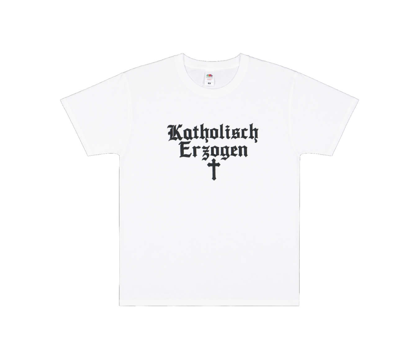 Weißes Katholisch Erzogen T-Shirt von Domiziana mit gotischem Schriftzug und Kreuz-Symbol – offizielles Hyperpop-Merch